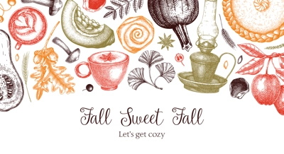 Thanksgiving background in color. Vintage autumn banner design template. Hand-drawn vector illustration. Pumpkin, hot drink, fruit, pie, pastry, fall leaves sketches.